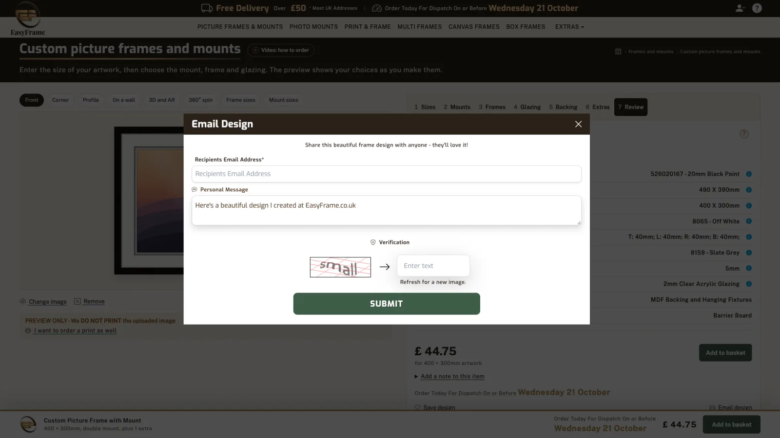 Email Design form with recipient email, personal message, verification and Submit.