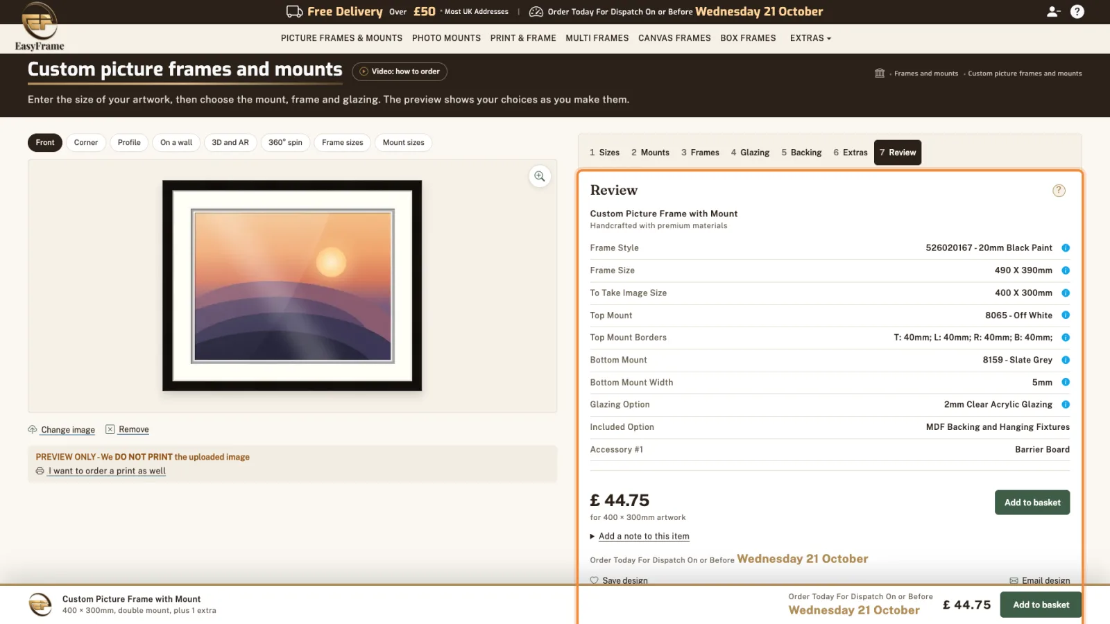 The Review tab highlighted, listing the frame style, sizes, mounts, glazing, included option and the barrier board.
