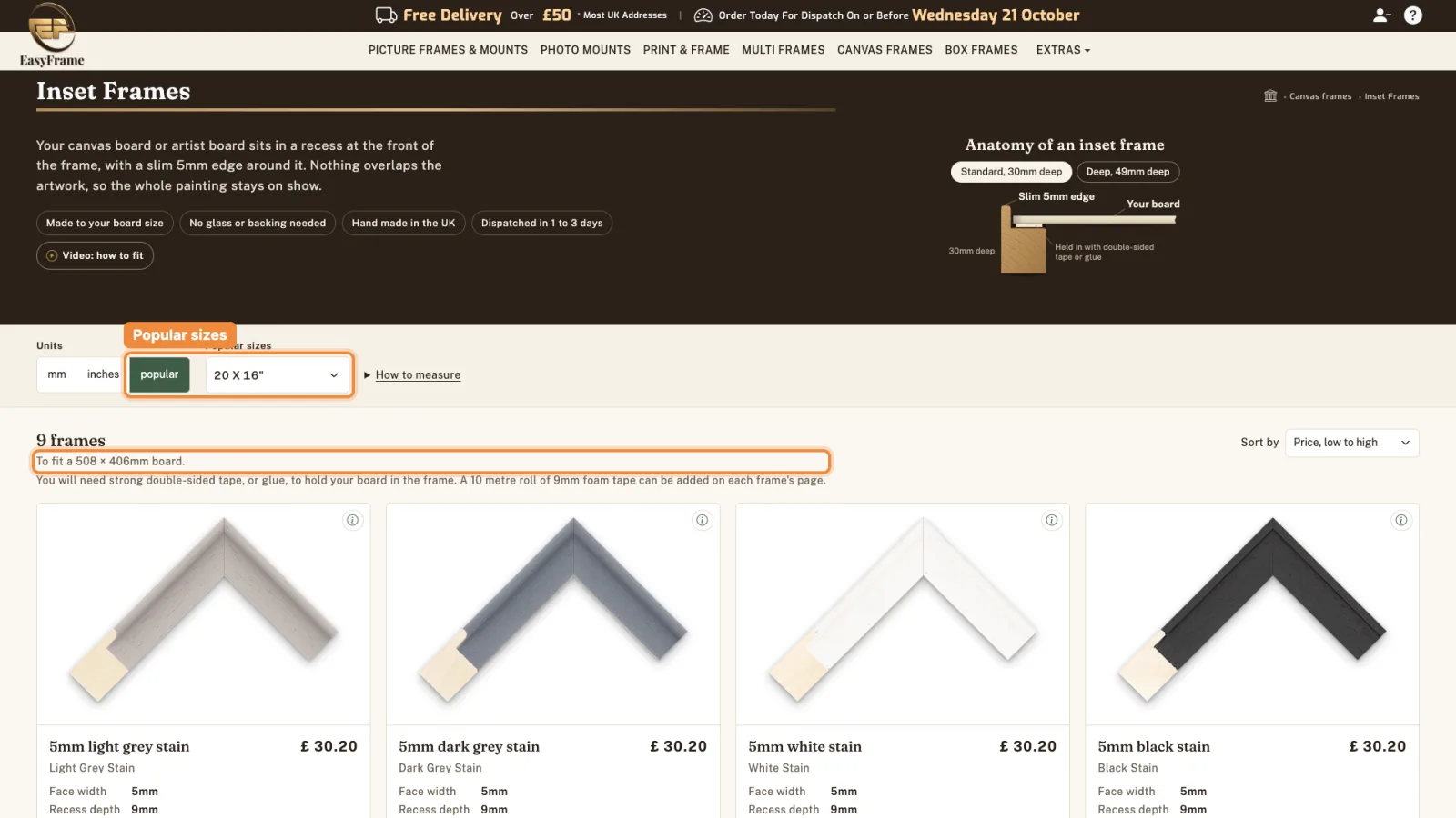 Units set to popular, with 20 X 16 inches chosen from the Popular sizes list and the line 'To fit a 508 x 406mm board' highlighted.