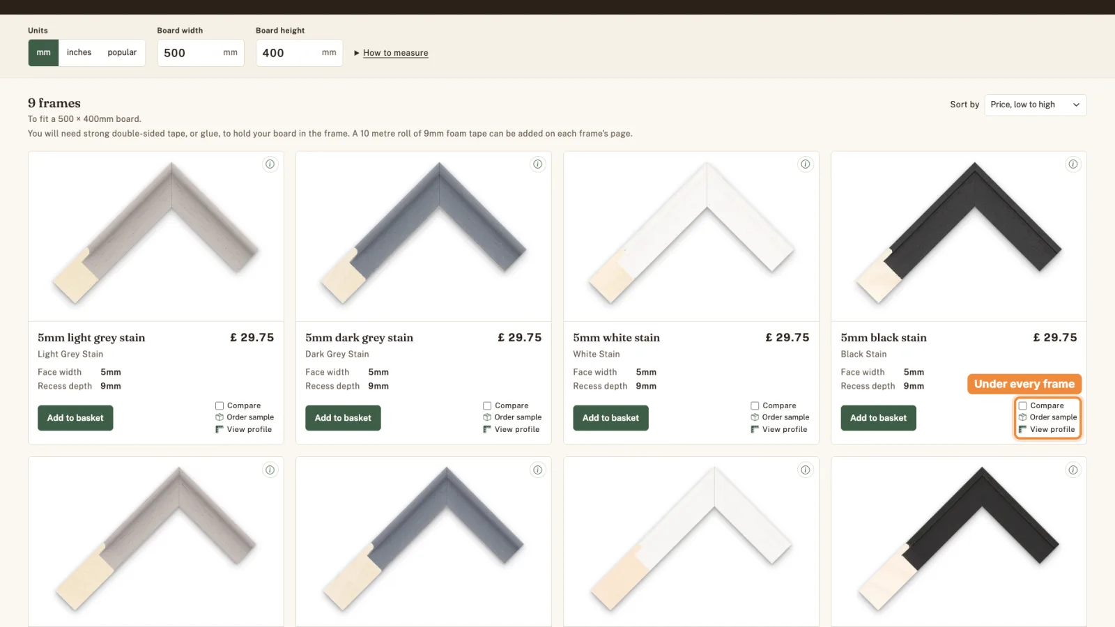 The Compare, Order sample and View profile links highlighted under the 5mm black stain frame.