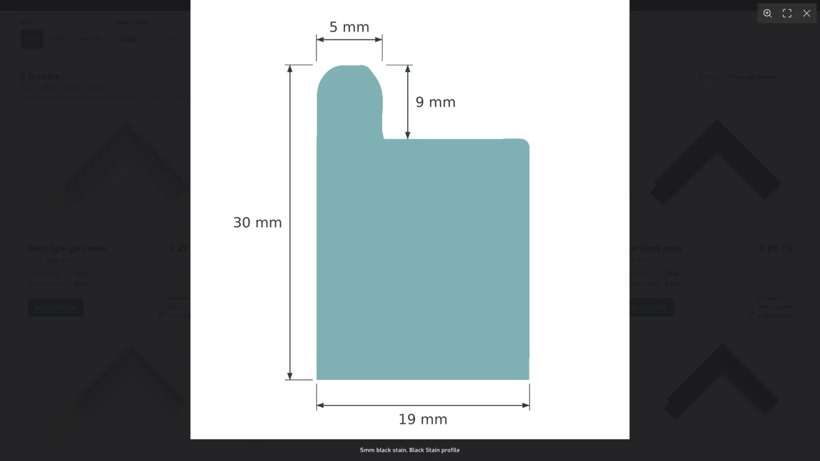 Profile drawing of the 5mm black stain frame: 5mm face, 9mm recess, 30mm deep and 19mm wide.