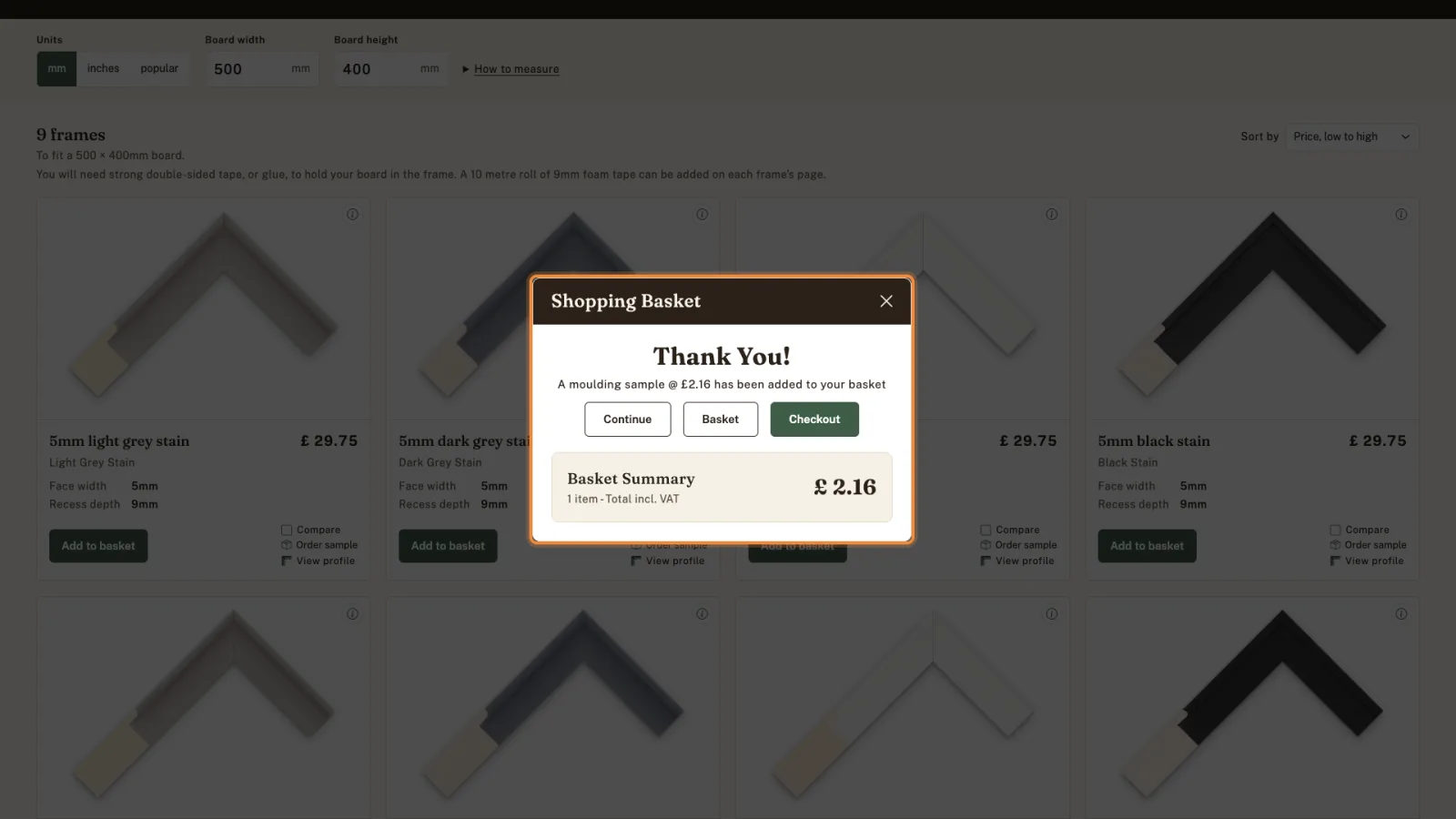 Shopping Basket message: Thank You! A moulding sample at 2.16 pounds has been added to your basket, with Continue, Basket and Checkout buttons.