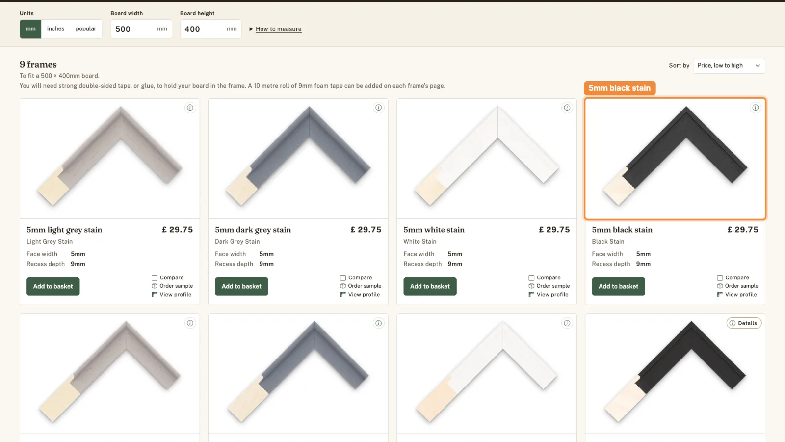 The picture of the 5mm black stain frame highlighted in the list of frames.