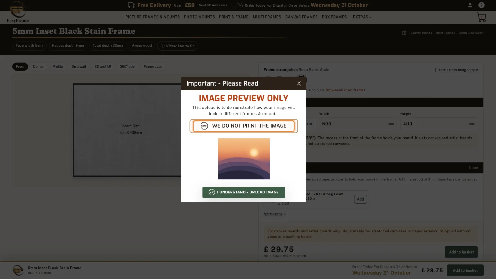 Image preview only message, with 'We do not print the image' highlighted and the I understand - upload image button.