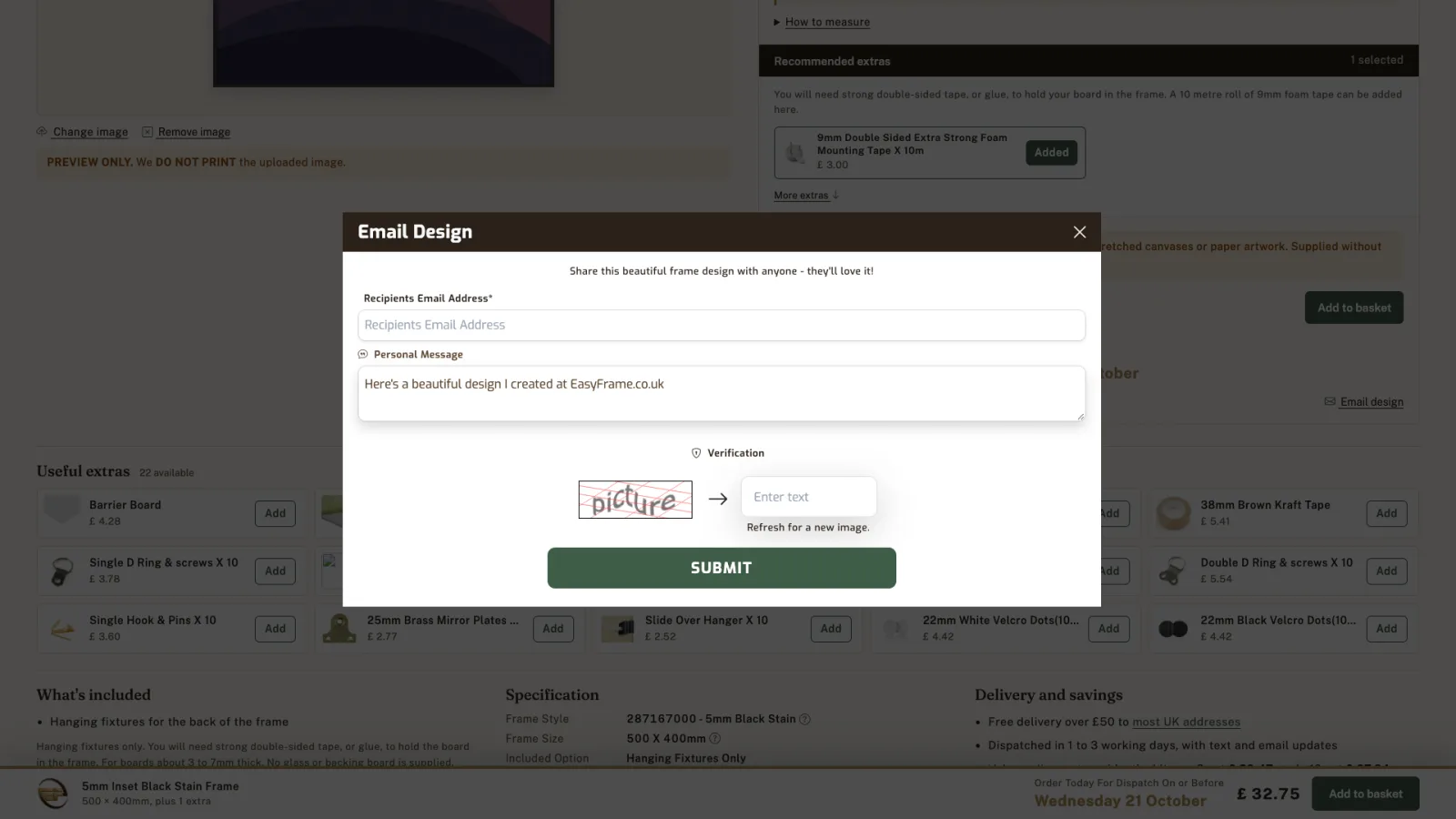 Email Design form with recipient email, personal message, verification and Submit.
