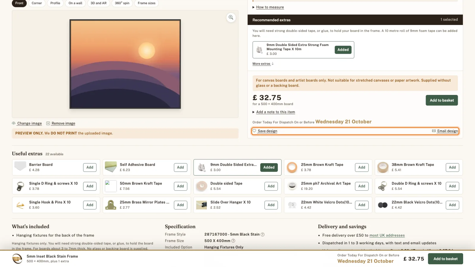 Save design and Email design links highlighted under the price.