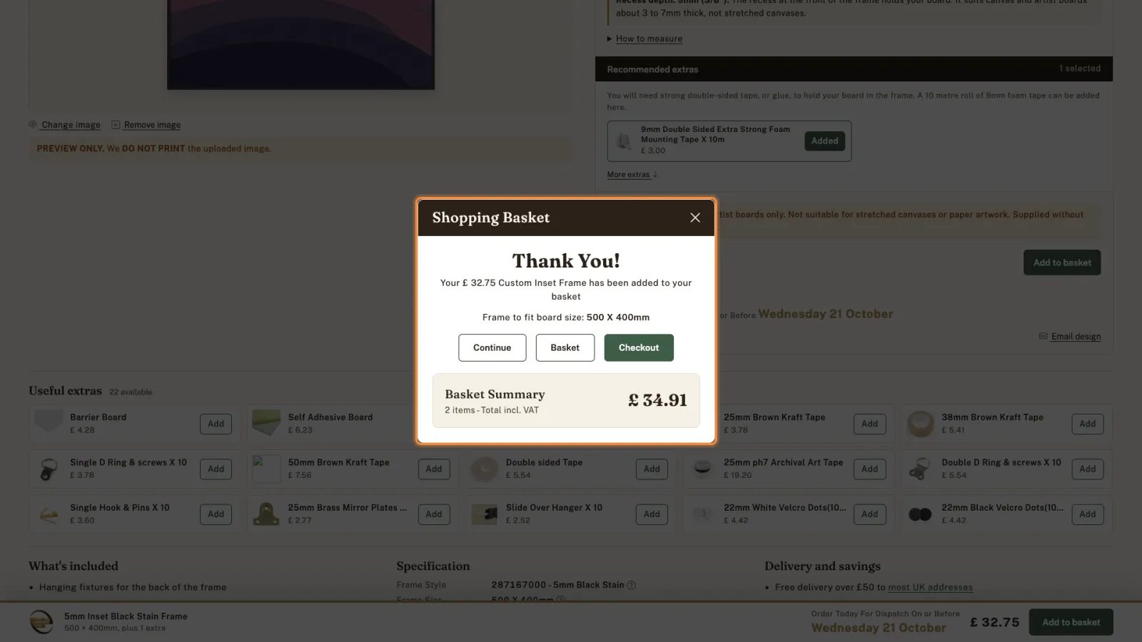 Shopping Basket confirmation: 32.75 pound Custom Inset Frame added, frame to fit board size 500 x 400mm, with Continue, Basket and Checkout buttons.
