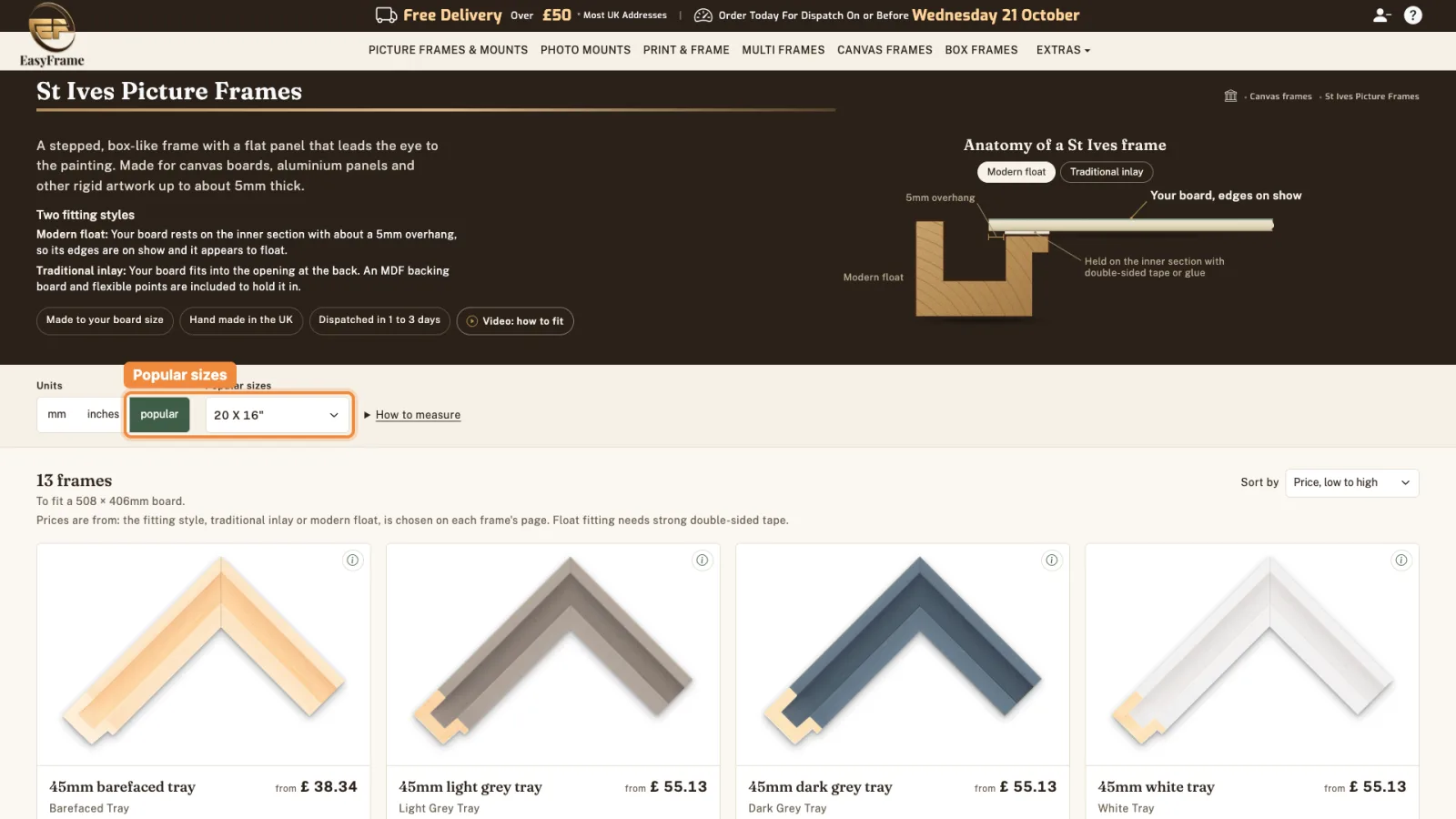 Units set to popular, with 20 X 16 inches chosen from the list.