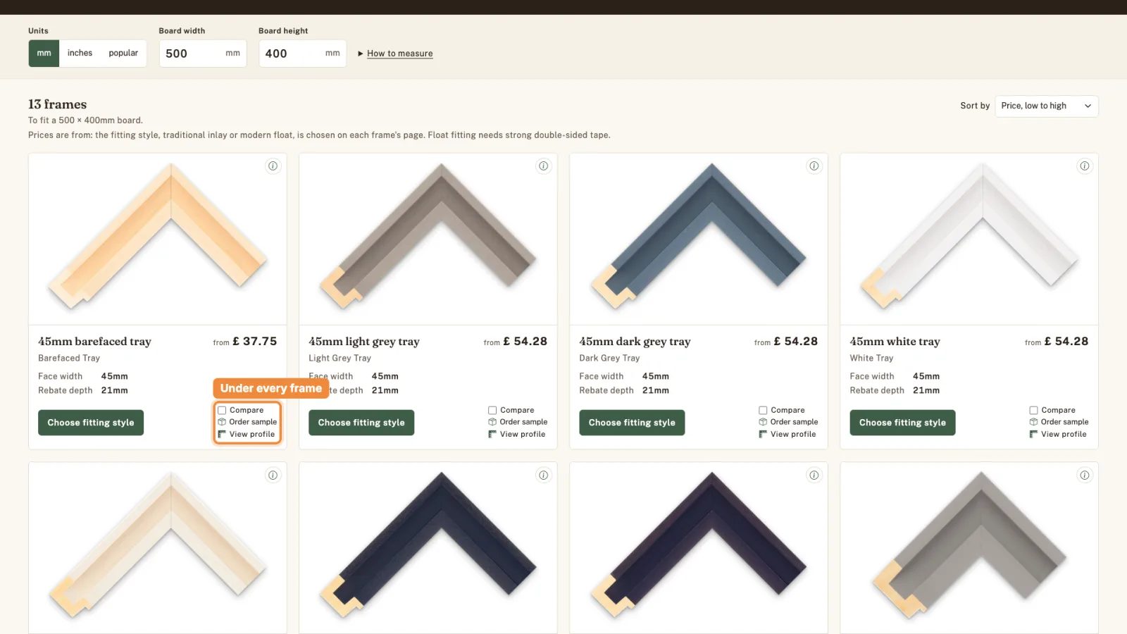 The Compare, Order sample and View profile links highlighted under the 45mm barefaced tray.