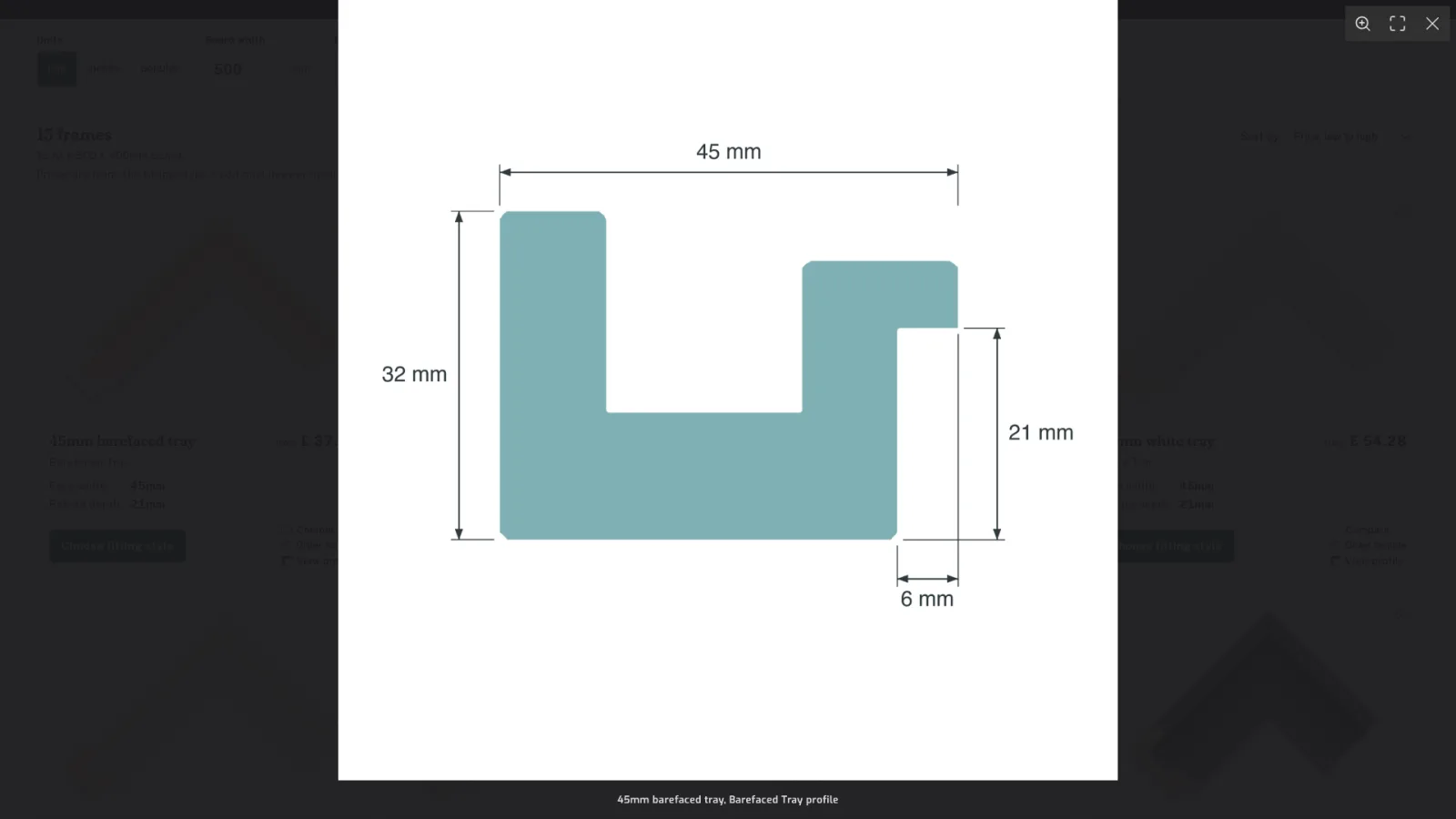 Profile drawing of the 45mm barefaced tray: 45mm wide, 32mm deep, 21mm rebate.