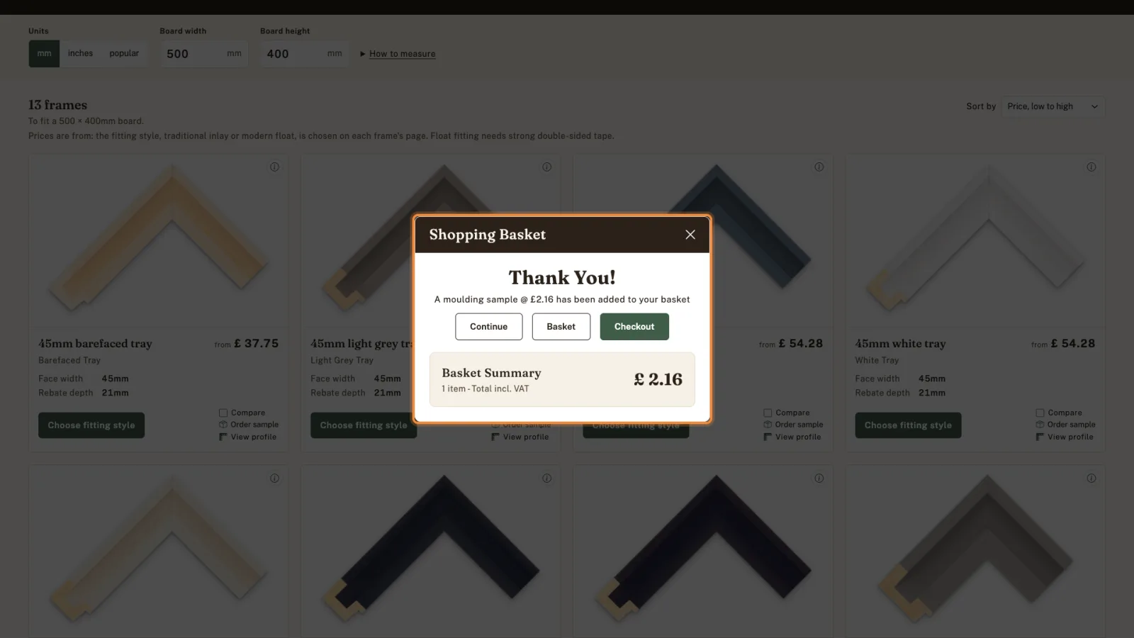Shopping Basket message: a moulding sample at 2.16 pounds has been added to your basket.