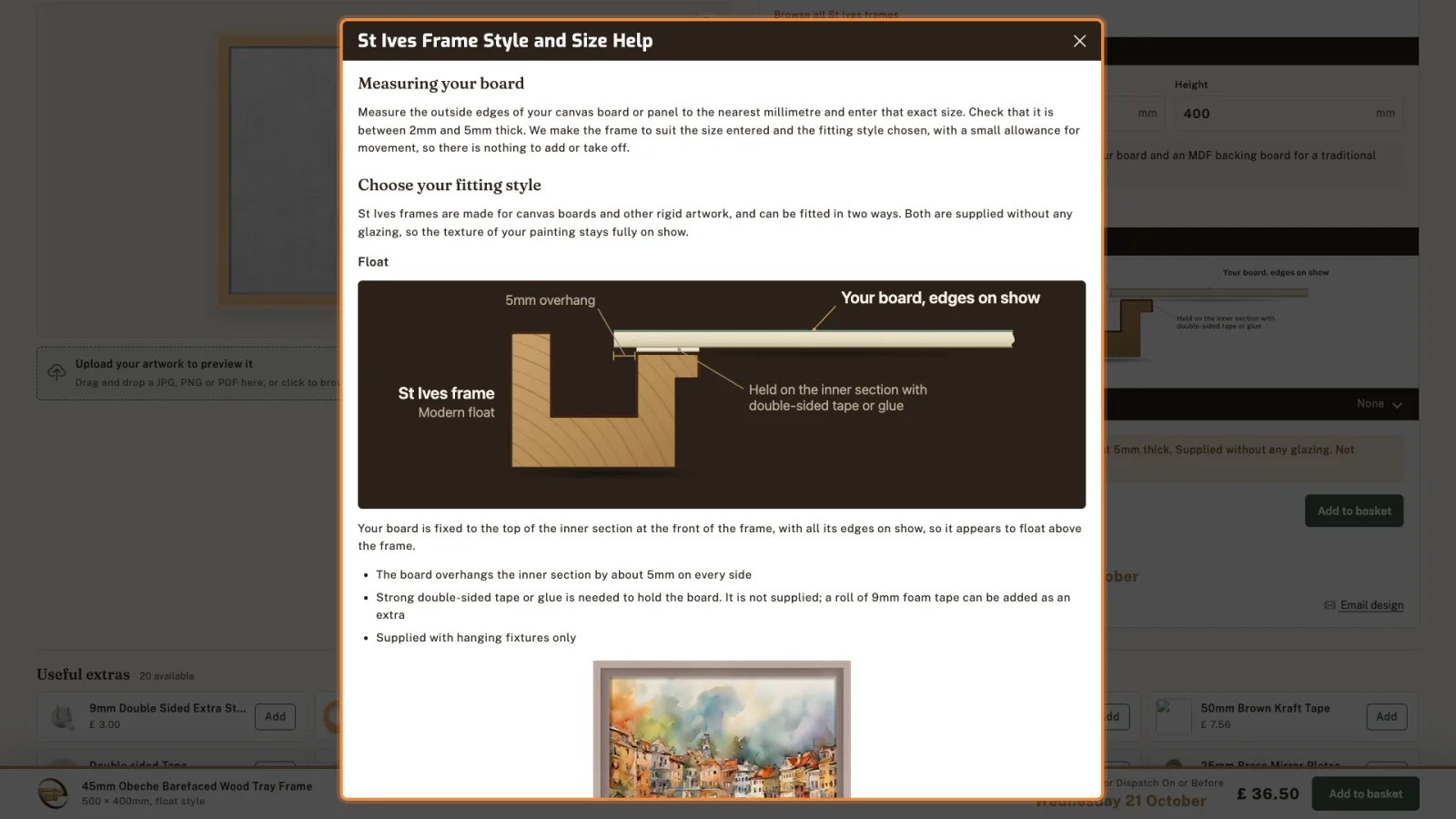 St Ives Frame Style and Size Help window, explaining how to measure the board and the Float and Traditional styles.
