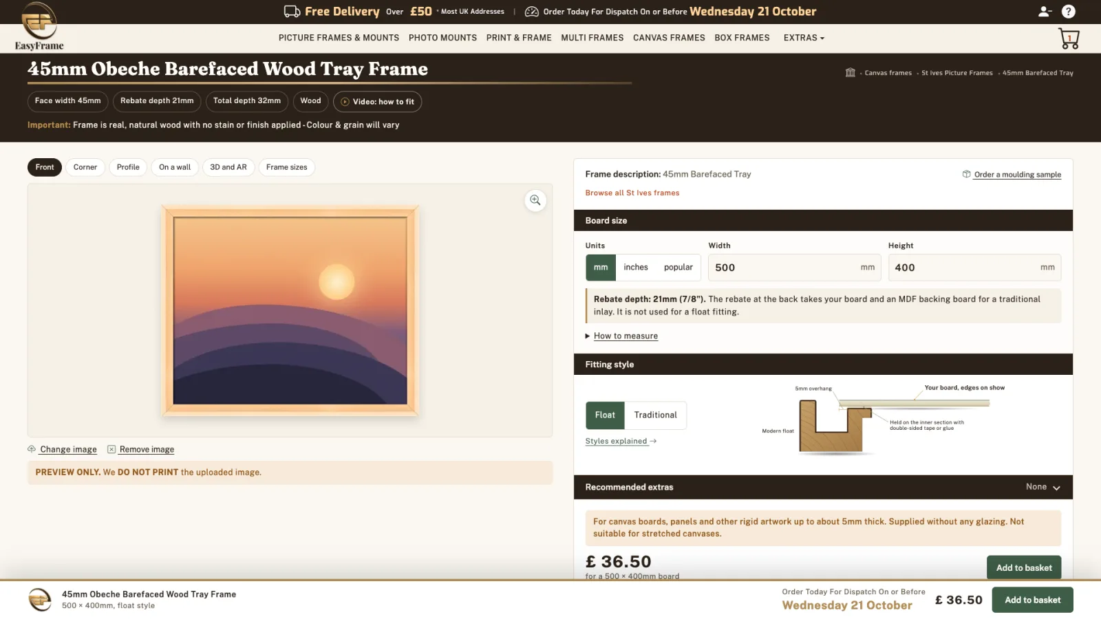 The sample sunset artwork shown in the frame, float style.