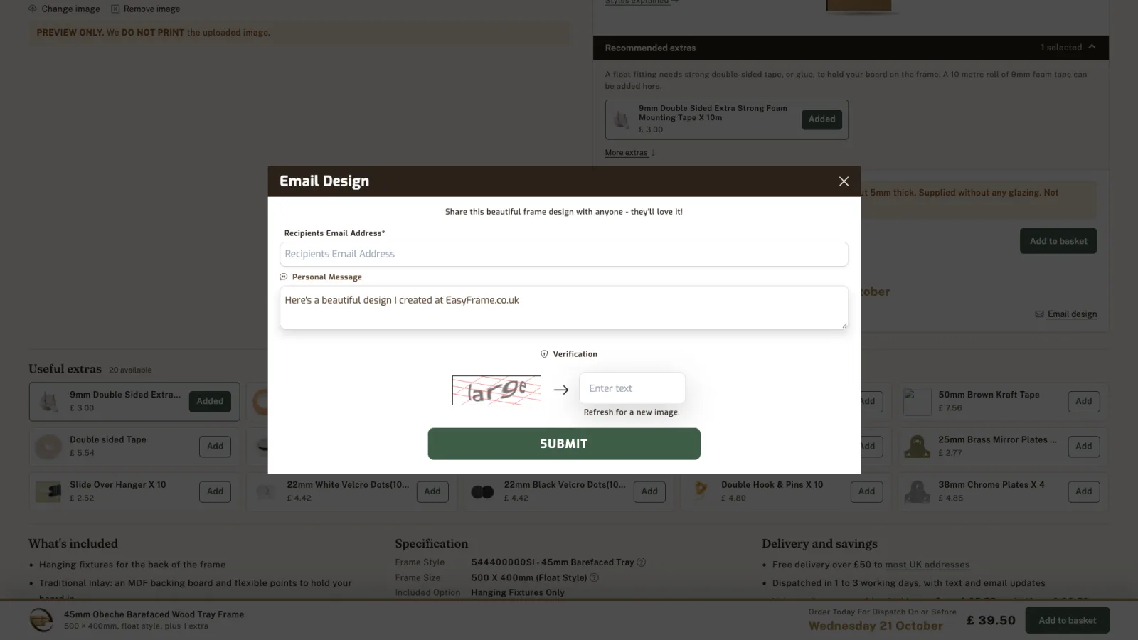 Email Design form with recipient email, personal message, verification and Submit.