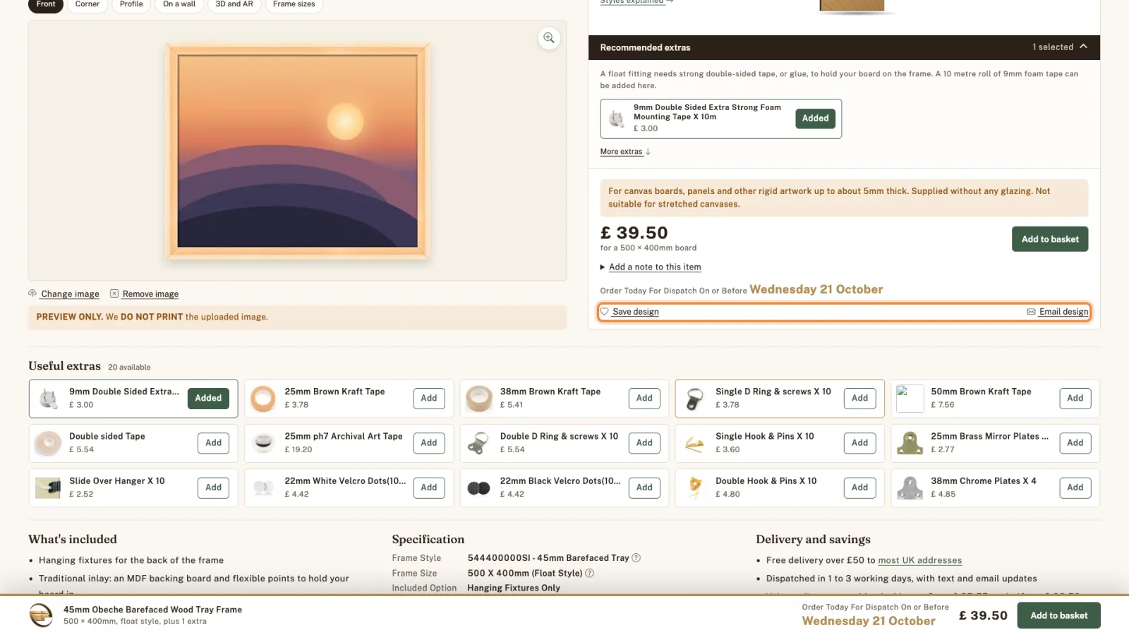 Save design and Email design links highlighted under the price.