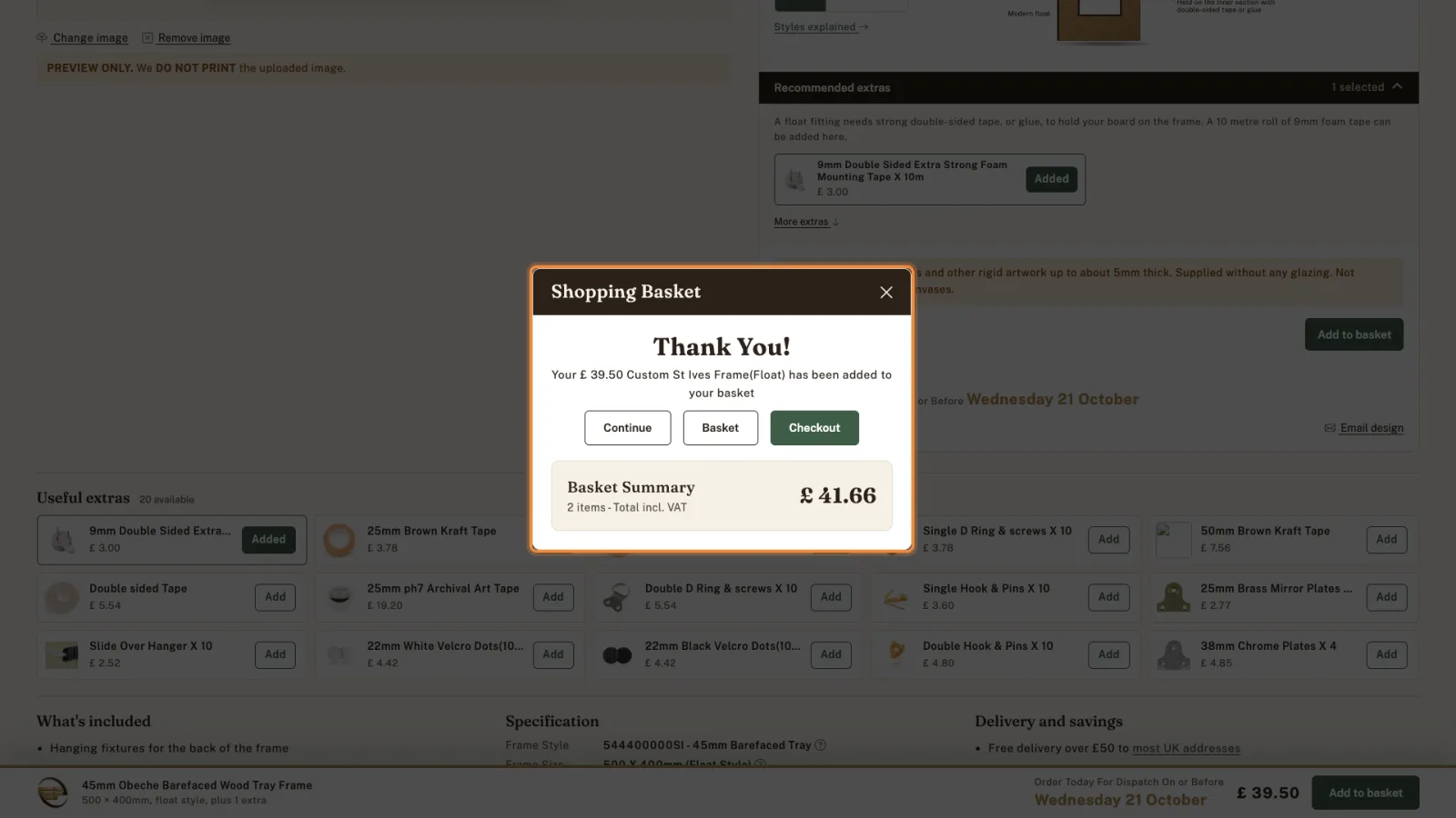 Shopping Basket confirmation: 39.50 pound Custom St Ives Frame (Float) added, with Continue, Basket and Checkout buttons.