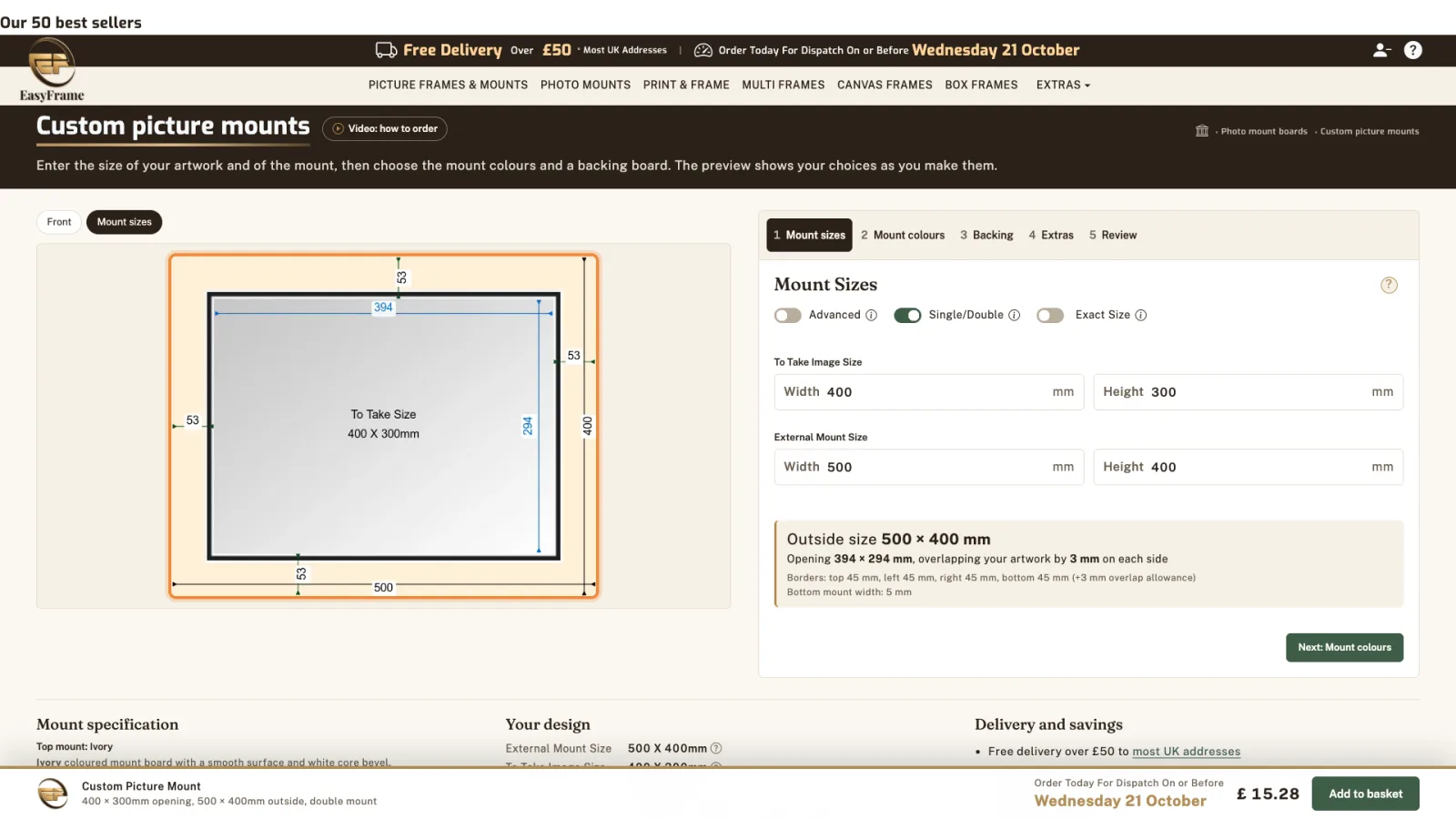 The Mount sizes drawing: outside size 500 by 400mm, the opening 394 by 294mm in blue, and the border widths.