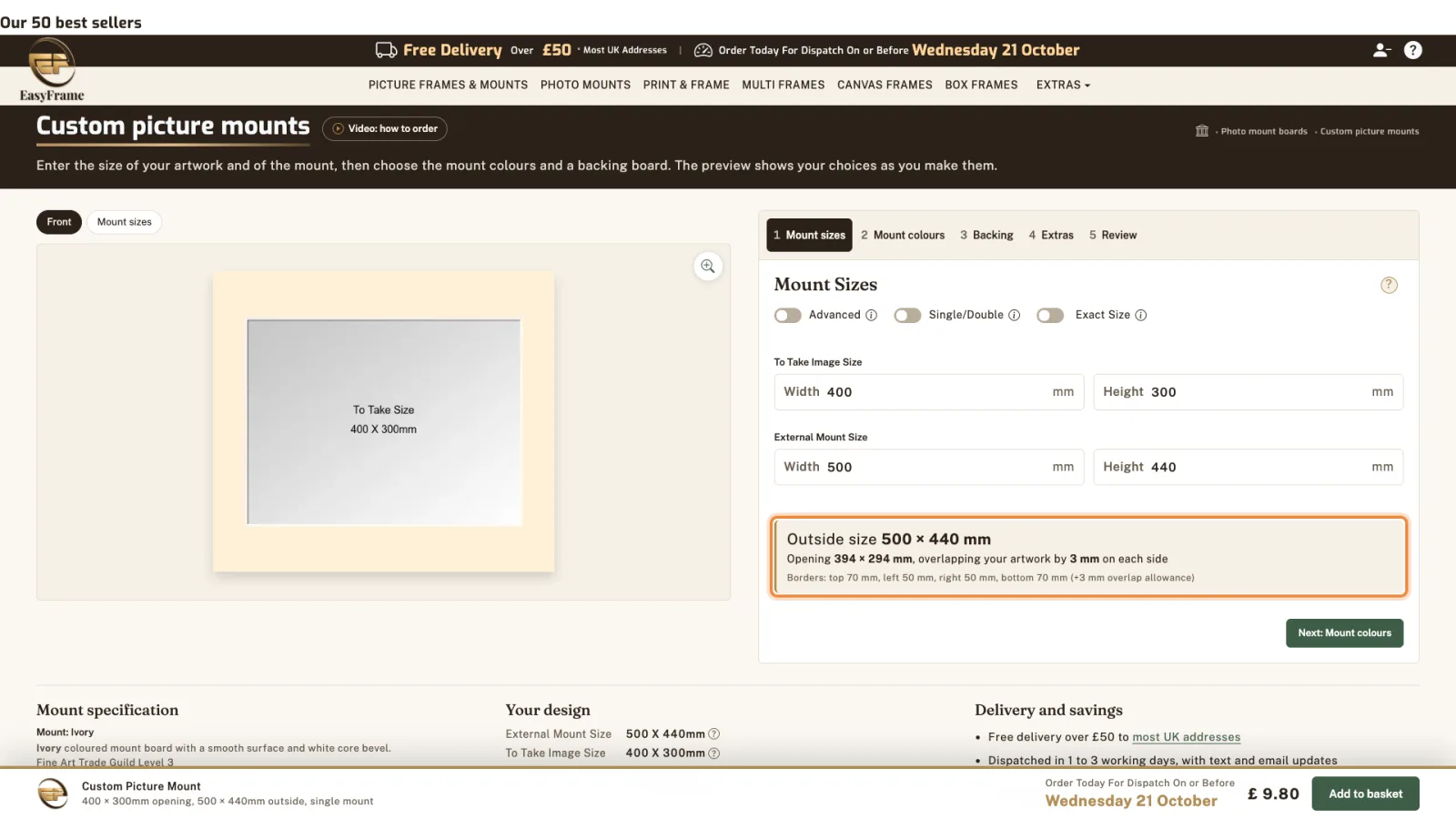 External size changed to 500 x 440mm: the size box shows borders of 70mm top and bottom and 50mm left and right.