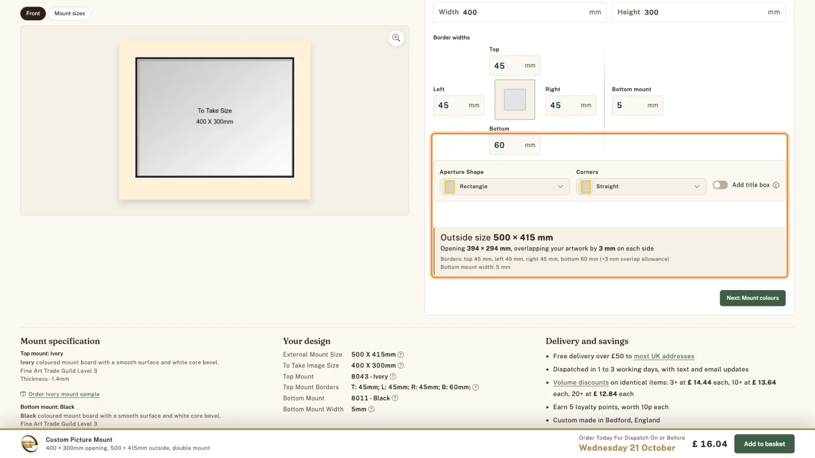 Advanced mode with the bottom border set to 60mm; the size box shows an outside size of 500 x 415mm.