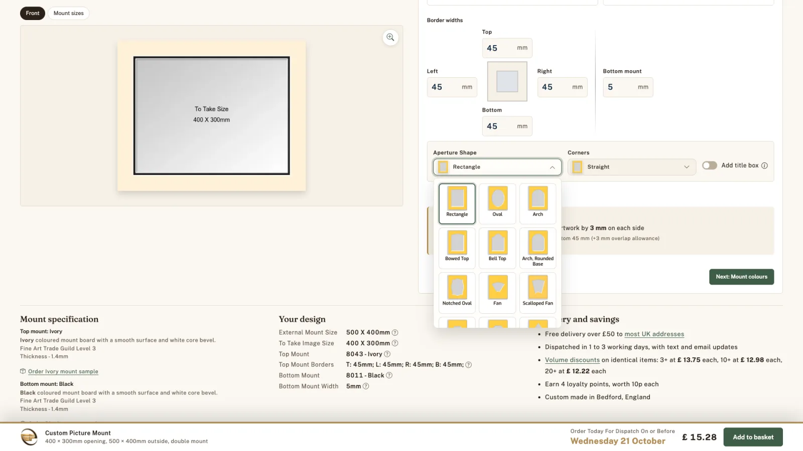 The Aperture Shape menu open, showing rectangle, oval, arch and other shapes.