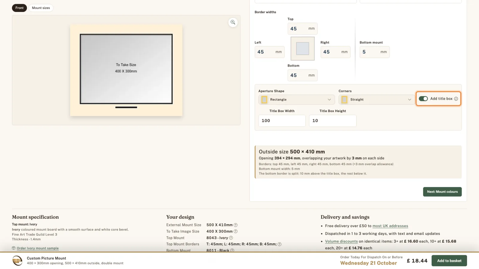 Add title box switched on: a small opening under the picture, with title box width and height fields.