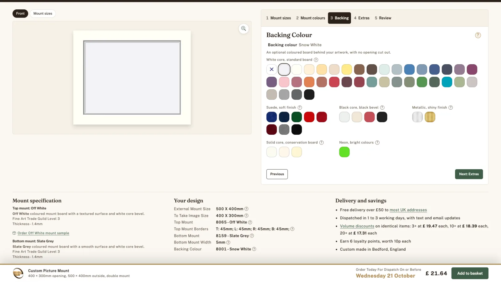Backing Colour tab with Snow White chosen.