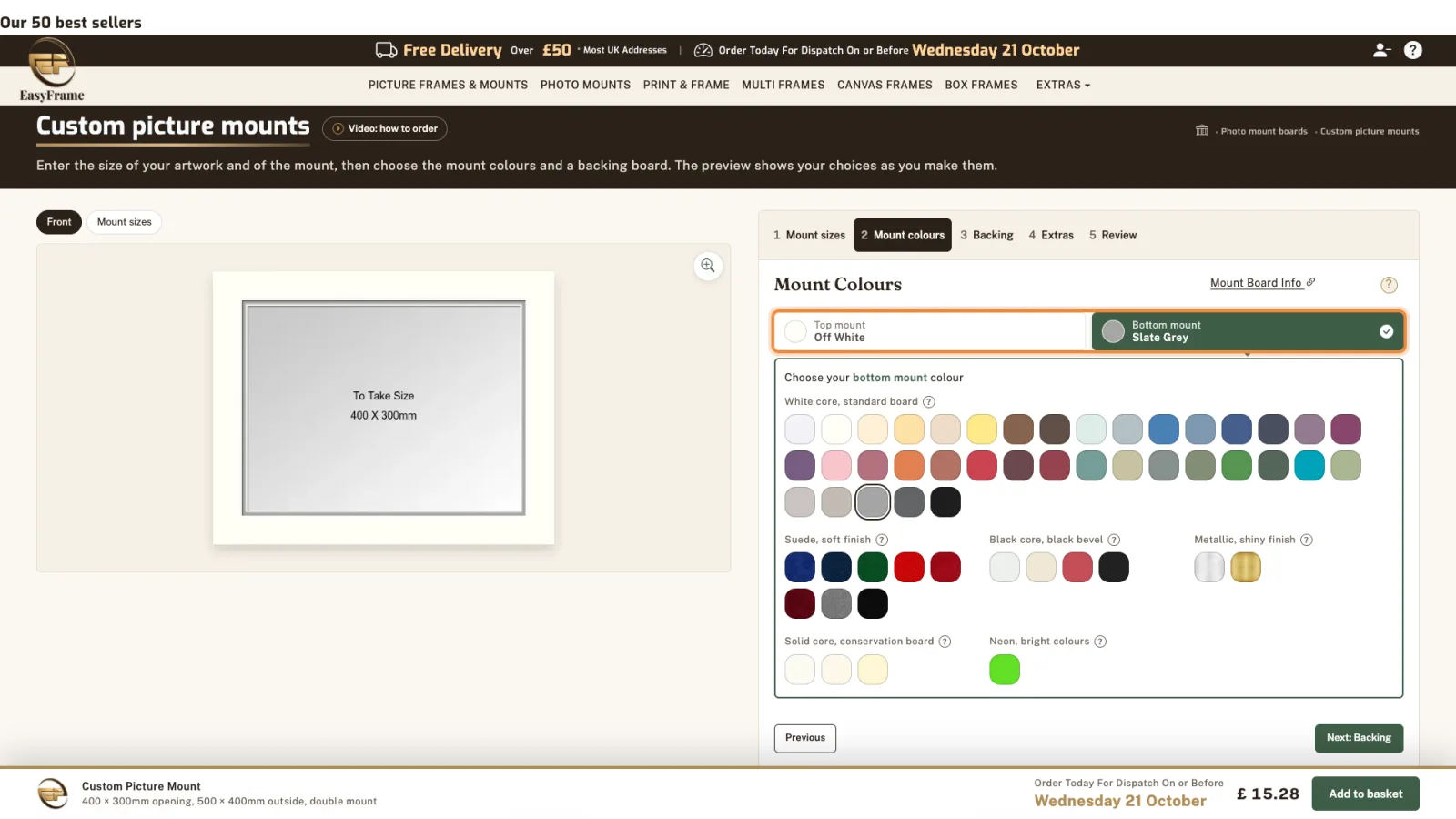 Top mount Off White and Bottom mount Slate Grey chosen, with the colour chart shown.