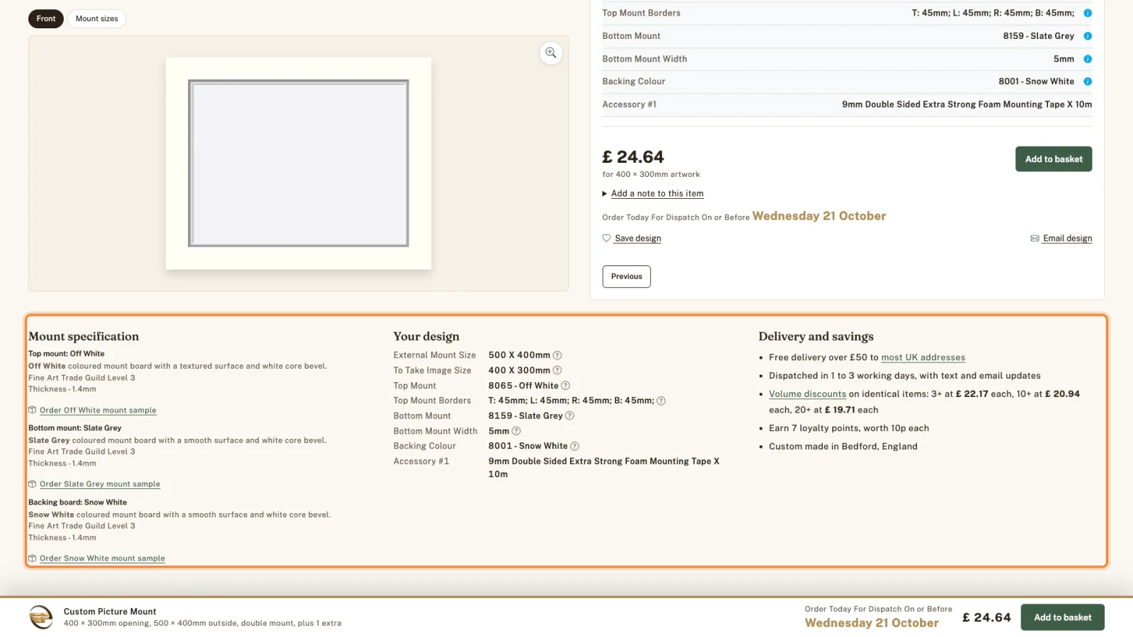The Mount specification, Your design and Delivery and savings panels highlighted.