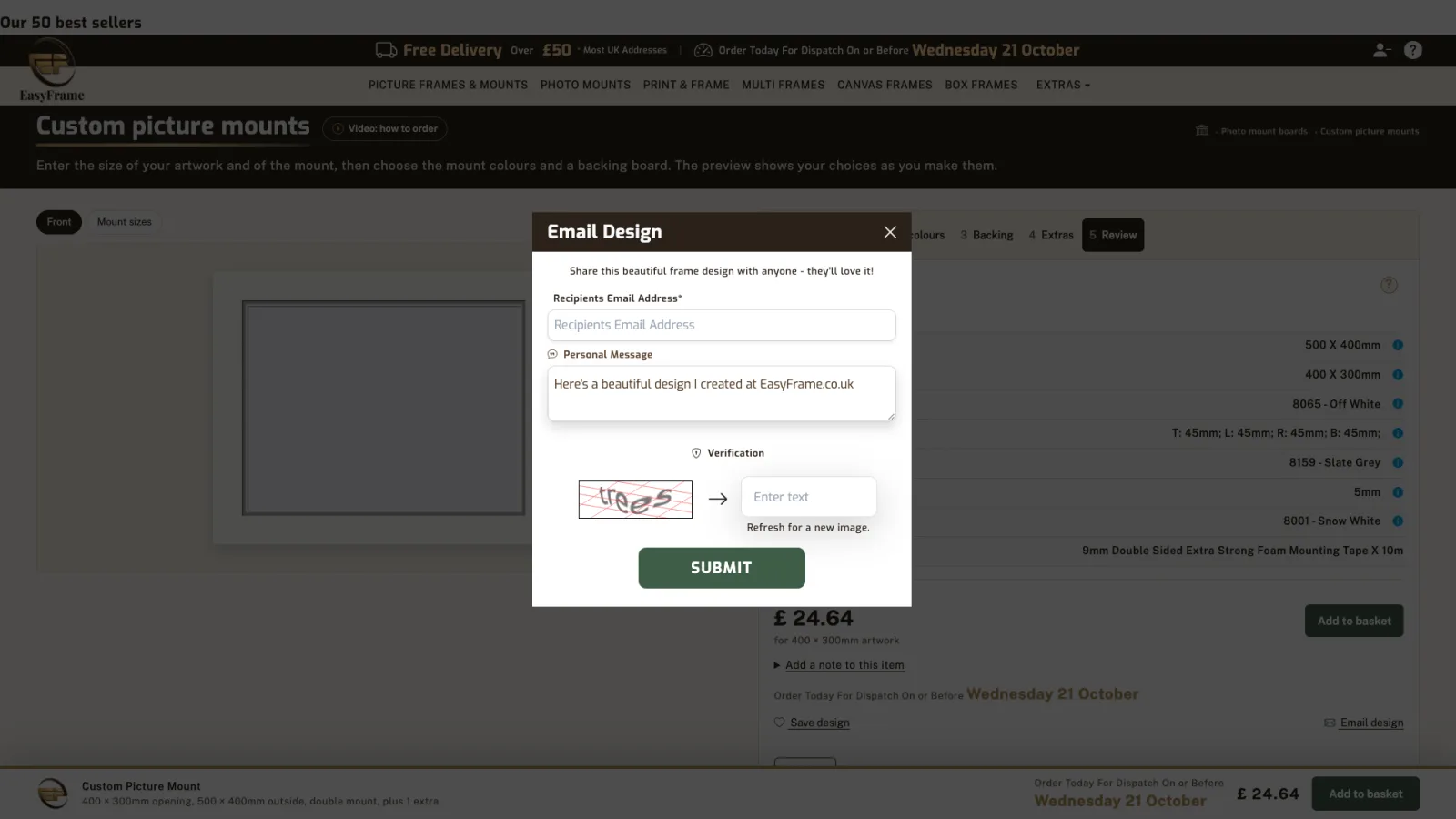 Email Design form with recipient email, personal message, verification and Submit.