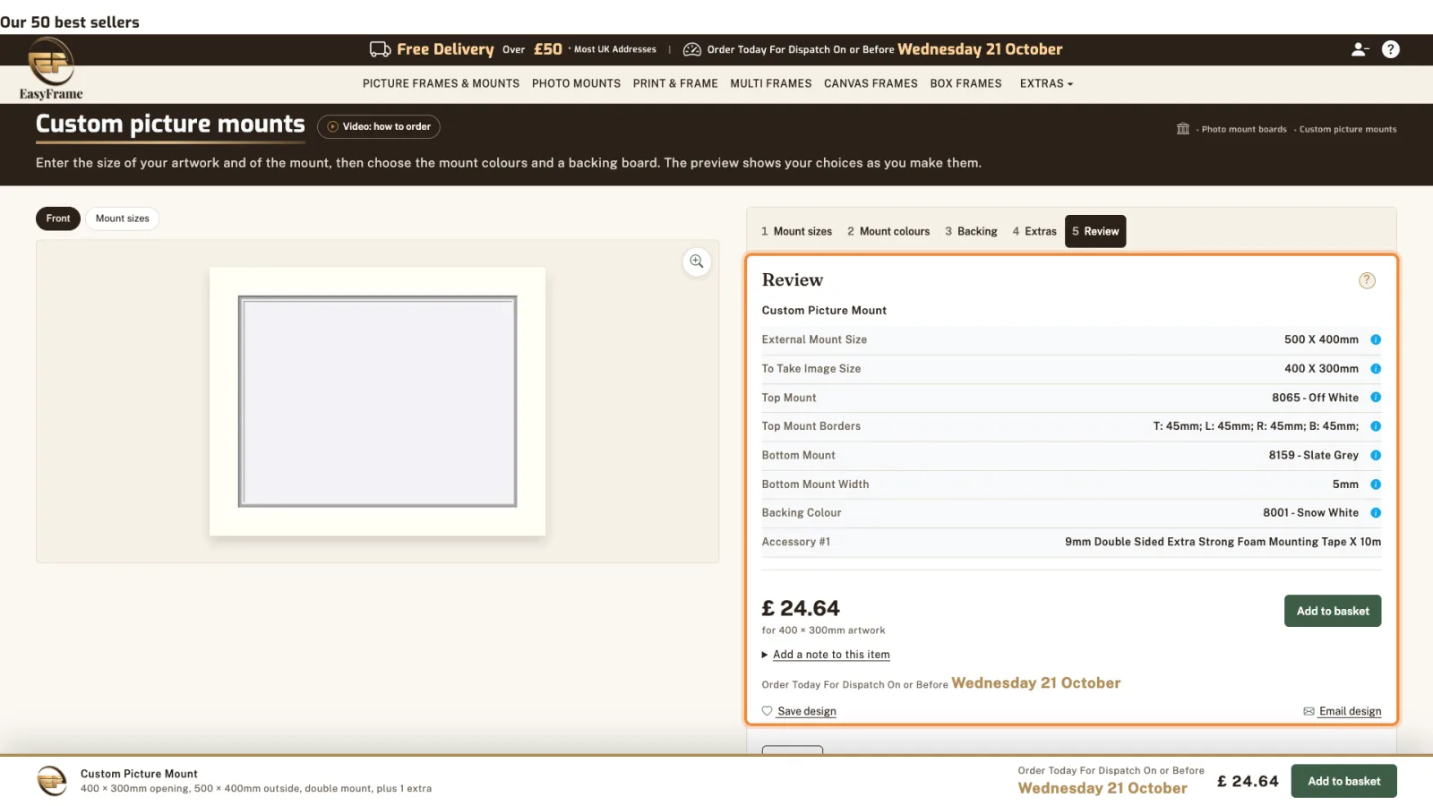 The Review tab highlighted, listing the sizes, both mounts, the backing and the tape.