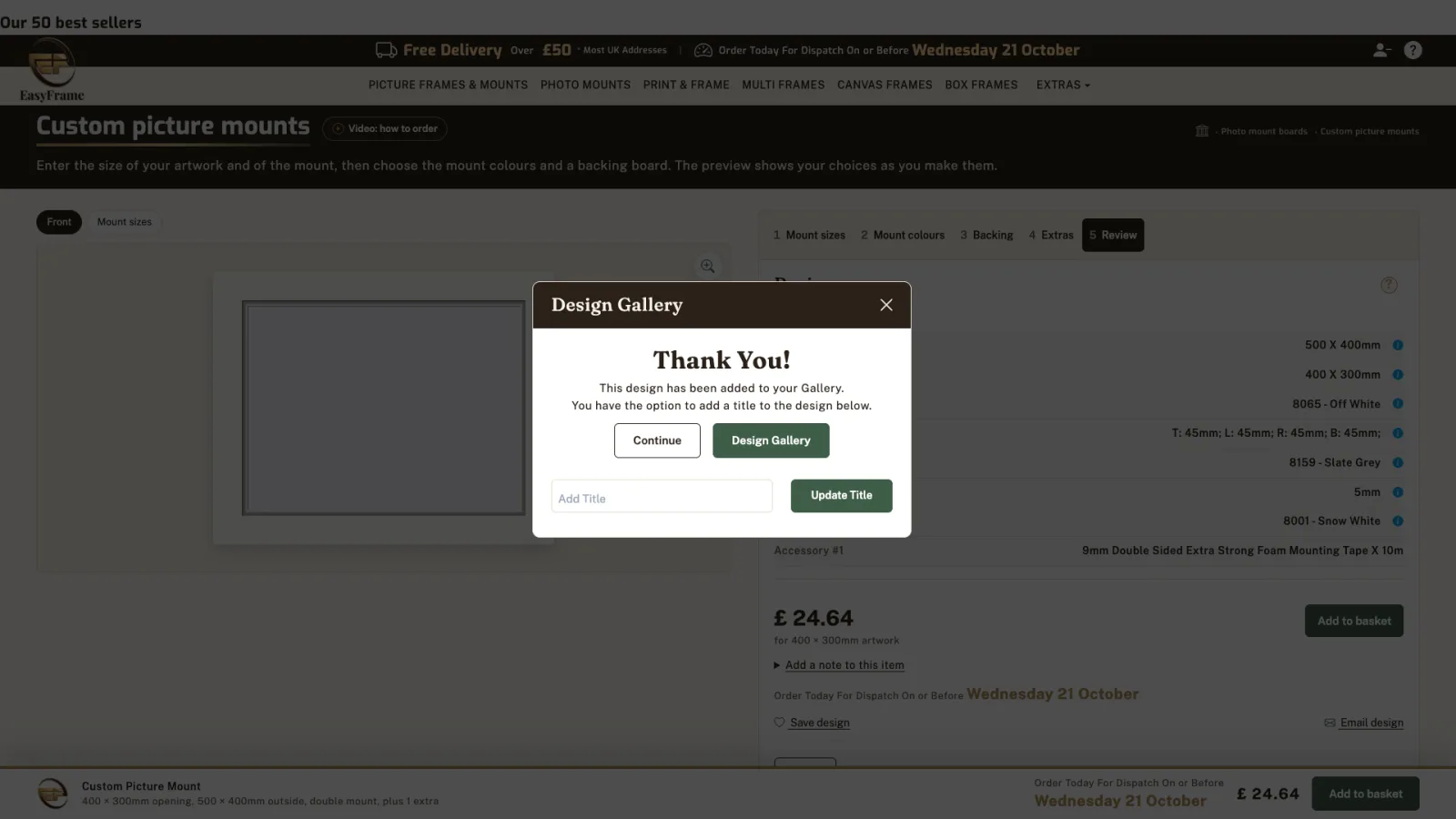 Design Gallery window: Thank You! This design has been added to your Gallery.
