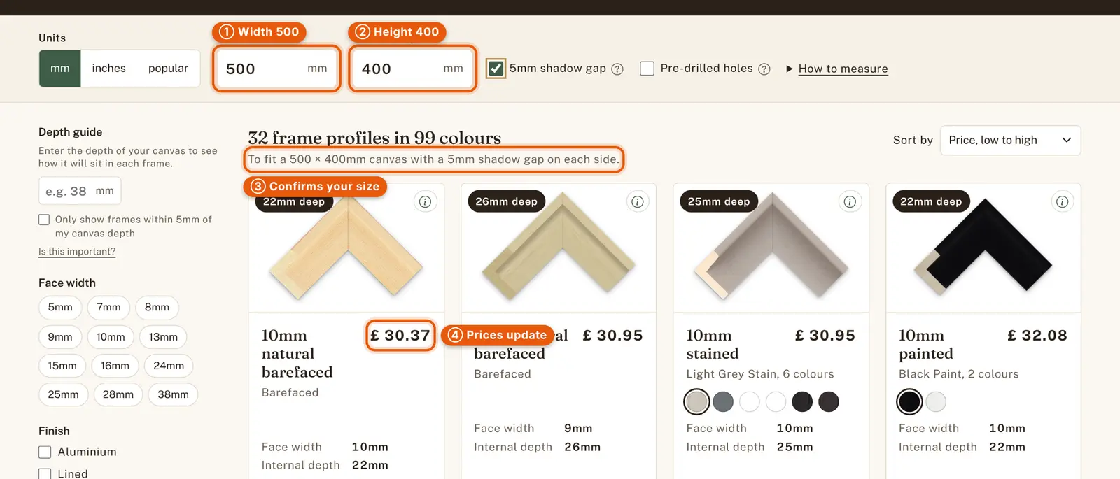 Size bar with width 500 and height 400 entered, the confirmation line reading 'To fit a 500 x 400mm canvas', and the first frame's price of &pound;30.37 highlighted.