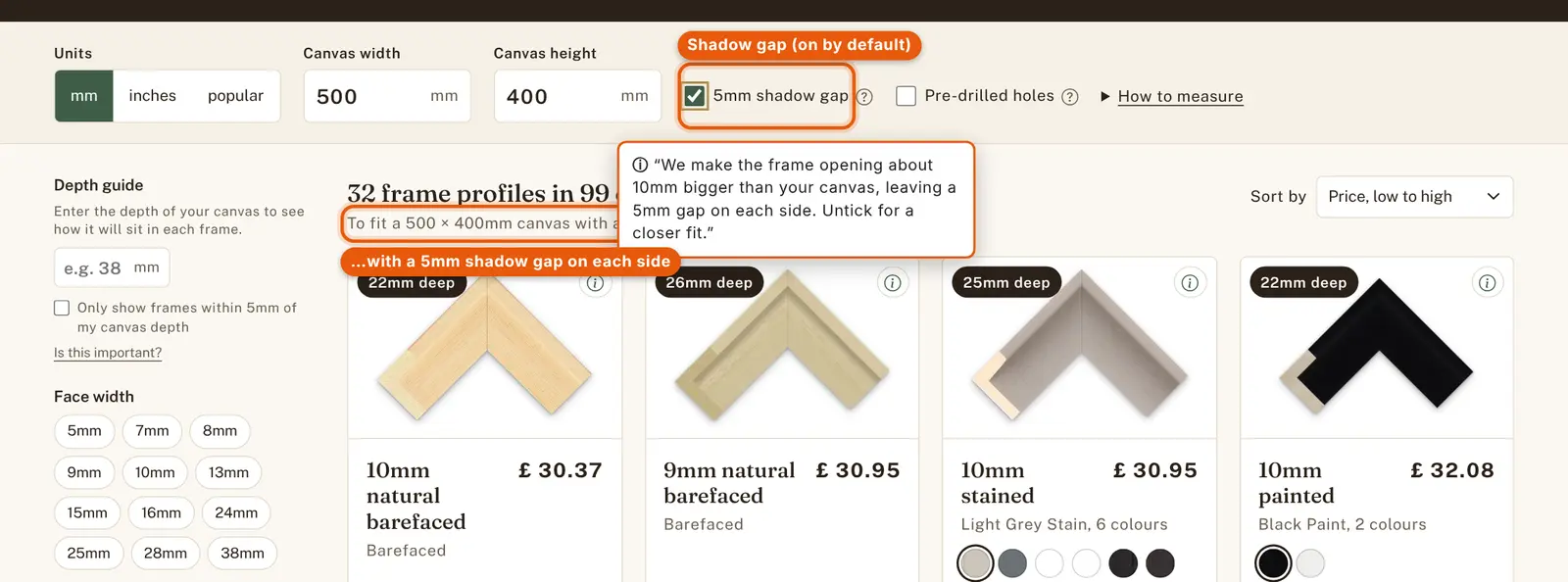 The 5mm shadow gap option highlighted, with its help text shown and the results line ending 'with a 5mm shadow gap on each side'.