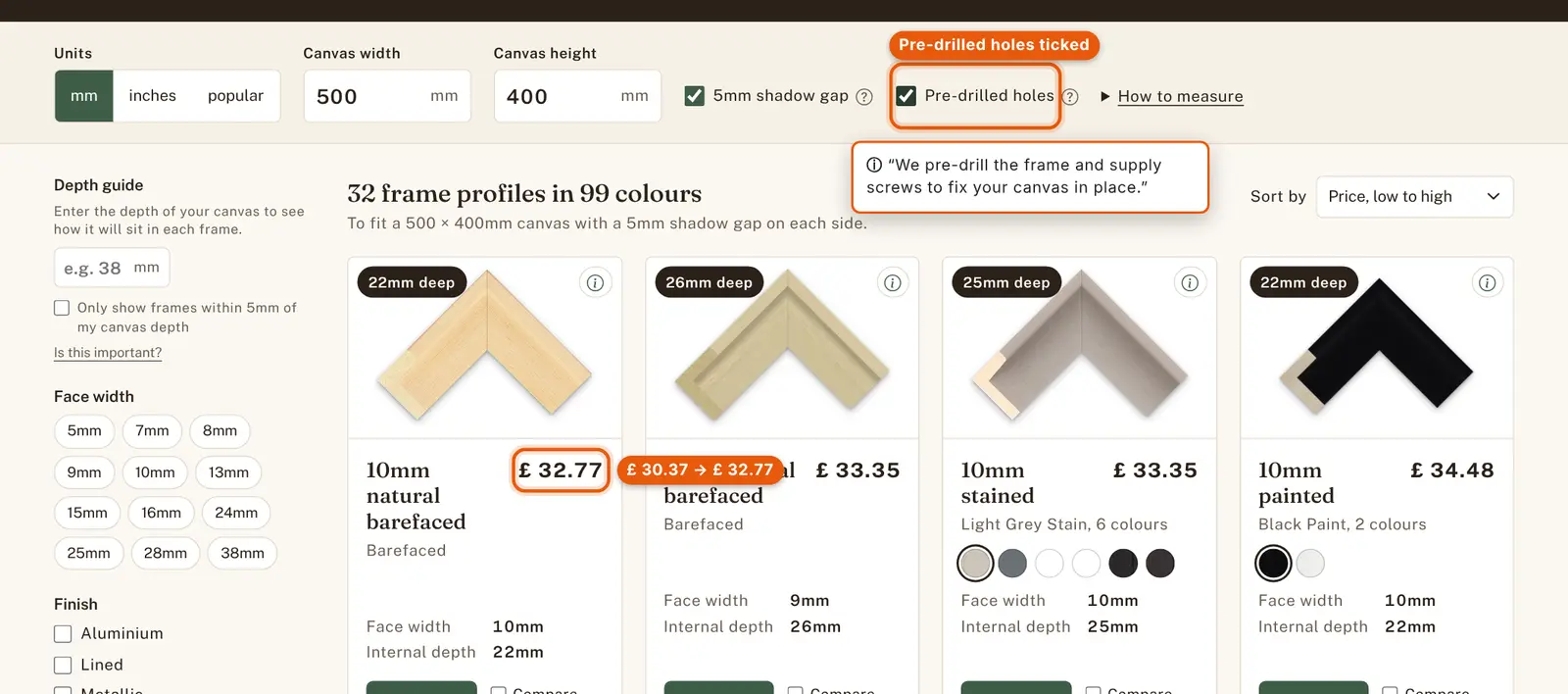 Pre-drilled holes ticked with its help text shown, and the first frame's price changing from &pound;30.37 to &pound;32.77.