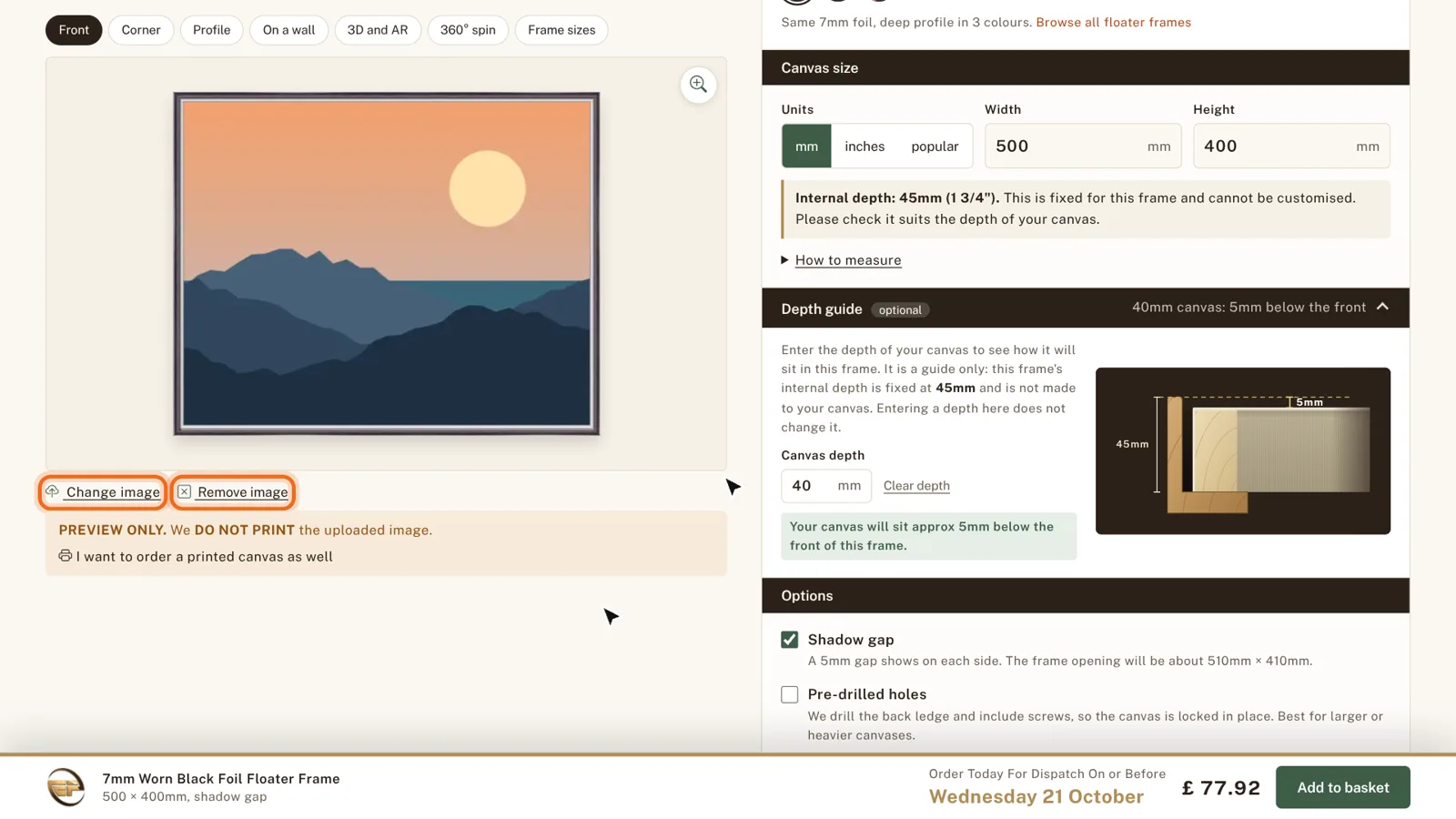 Sample artwork shown inside the frame preview, with the Change image and Remove image links highlighted.