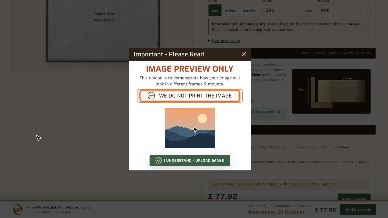 Image preview only message, with 'We do not print the image' highlighted.