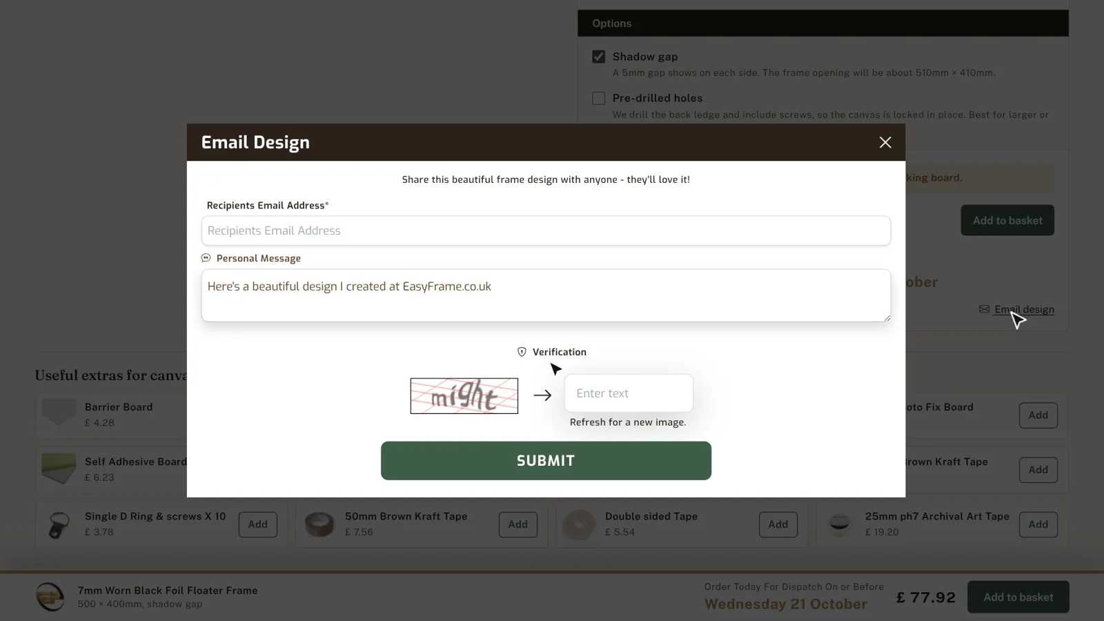 Email Design form with recipient email, personal message, verification and Submit.
