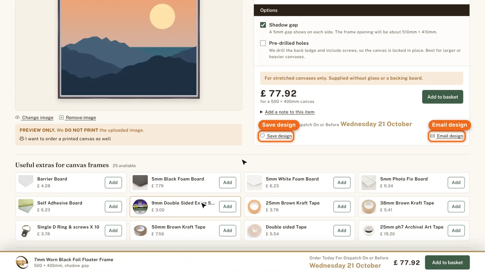 Save design and Email design links highlighted under the price.