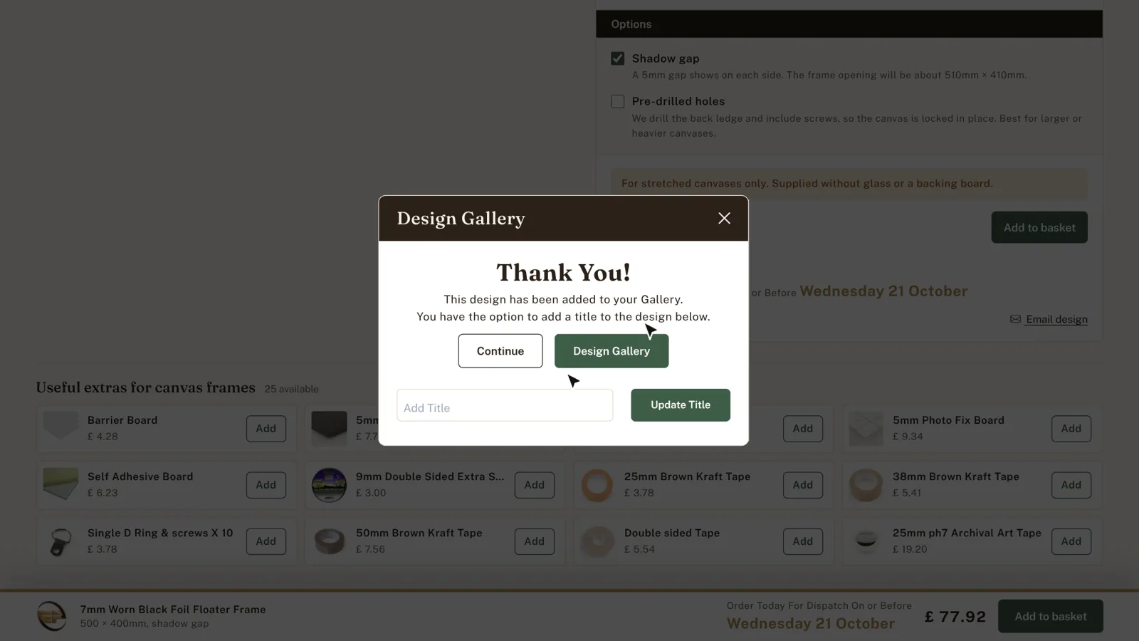Design Gallery window: Thank you, this design has been added to your Gallery, with an Add title box.