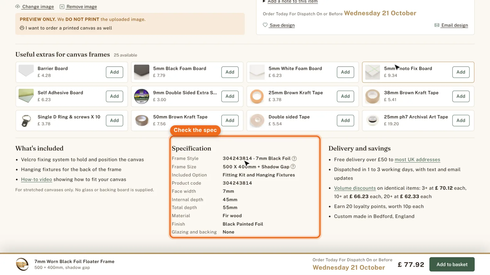 Specification section highlighted.