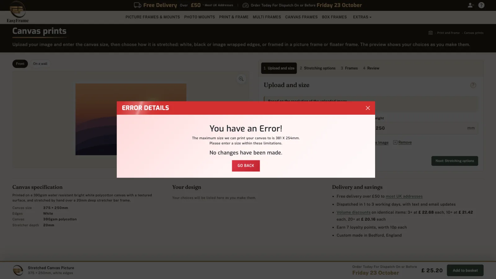 An error message: the maximum size we can print your canvas to is 381 x 254mm.