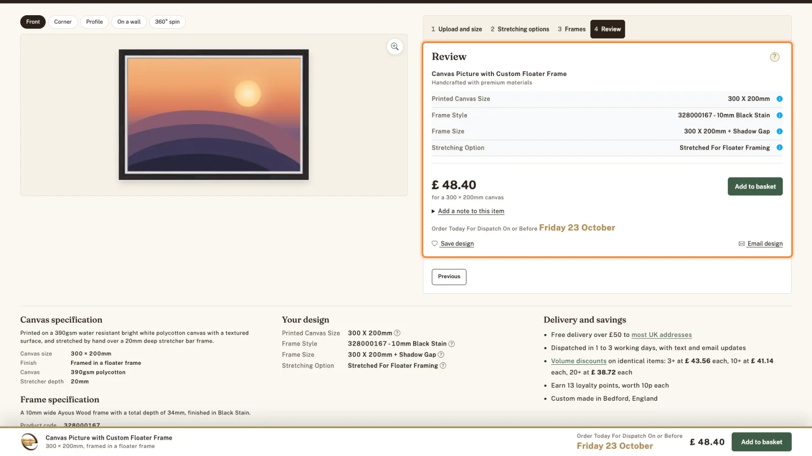 The Review tab highlighted: printed canvas size, frame style, frame size and stretching option.