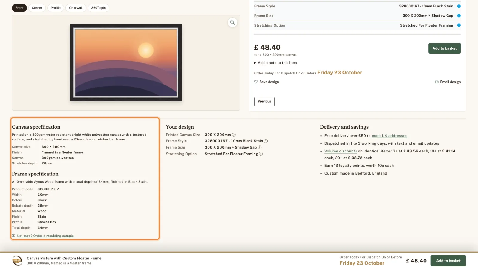 The canvas and frame specifications below the designer, highlighted.
