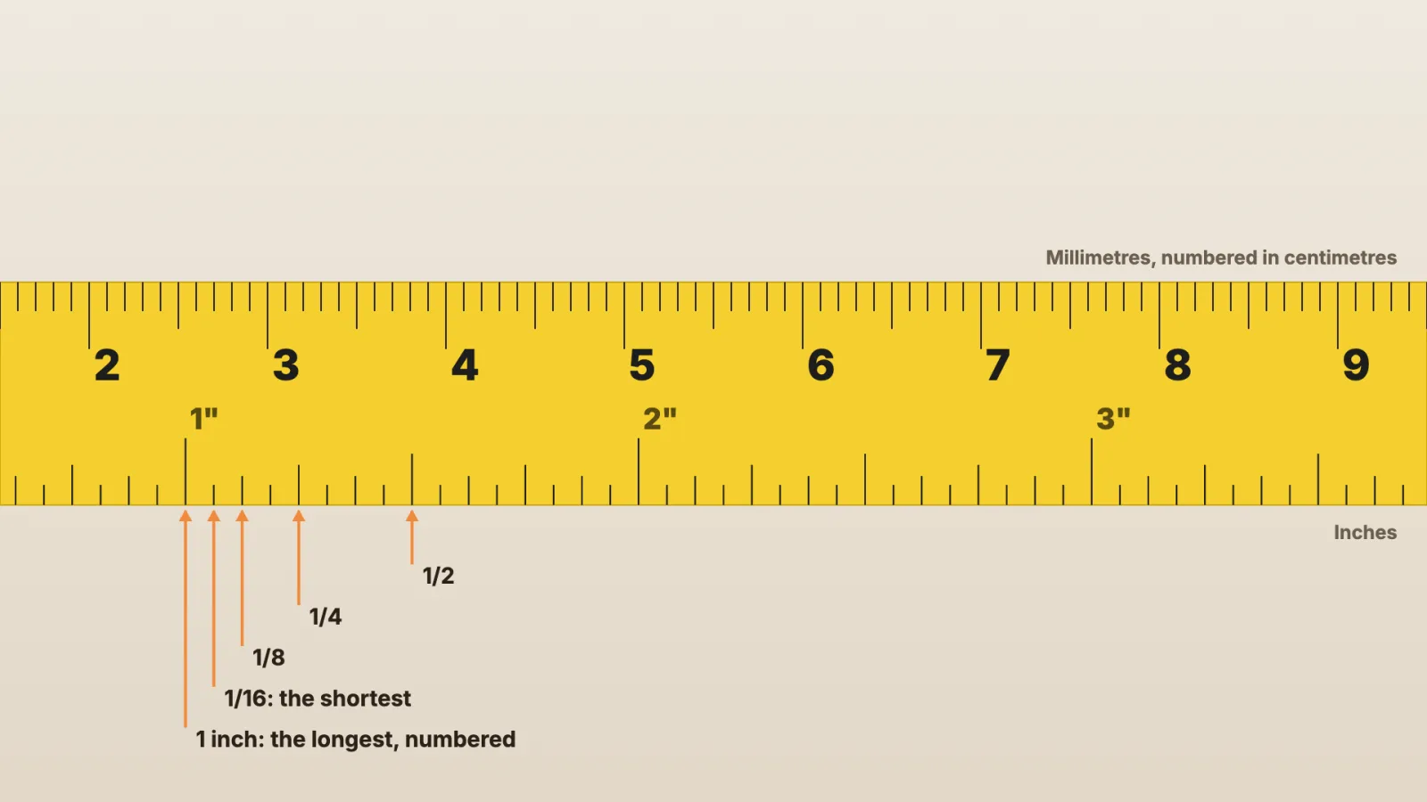 A close-up of the inch side of the tape: the inch, 1/2, 1/4, 1/8 and 1/16 marks pointed out.