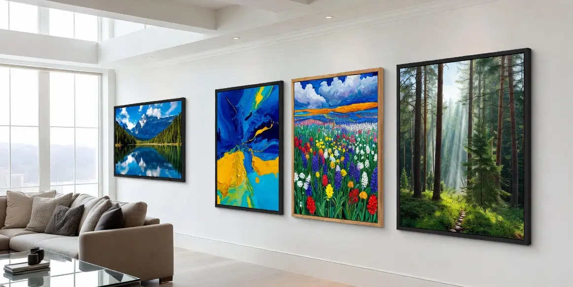 Large custom picture frames with beautiful artwork in modern living room – up to 48x36 inches