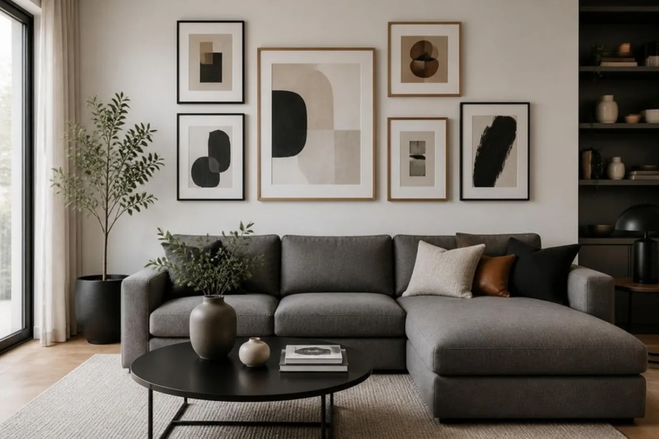 A modern living room with framed prints above a sofa
