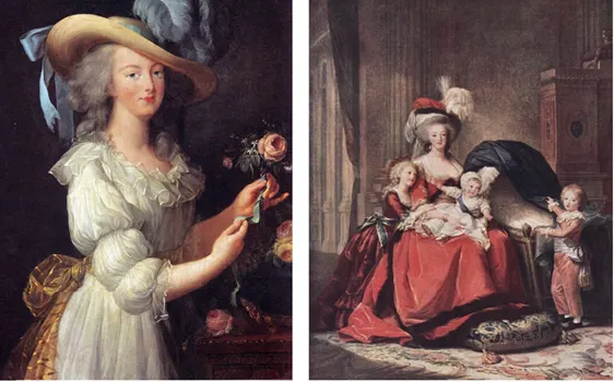 Left is Marie Antoinette in a Muslim dress (considered at the time to be slumming it a bit). And right is Marie Antoinette with Her Children (one of whom is pointing to an empty cradle, a reminder to the viewing public that shed lost a child and that royalty are not spared human anguish.   