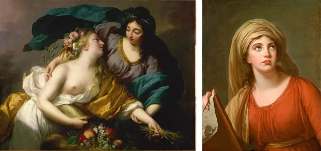 
Left: Peace Bringing Abundance which was the work that Marie Antoinette championed in order to get the artist admitted to the Royal Academy (it had to be given a special category, and arguably it was wrong to pretend that all was well with a world that was on the brink of revolution sparked by a lack of abundance). Right: Cumaean Sibyl (she was a Greek prophetess) which incorporates the head of Emma Hamilton, who was a little notorious for her adulterous affair with the British naval hero Admiral Lord Horatio Nelson . Arguably anybody who could really see the future for France at this time would be looking in horror through their fingers.
