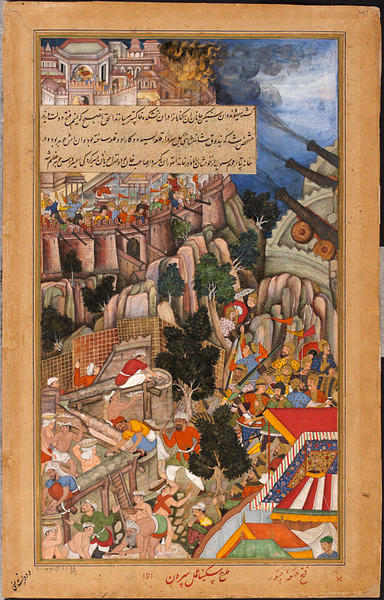 Miskina and Bhuras opposite page from the Akarbarnama featuring the work of sappers at the same siege.