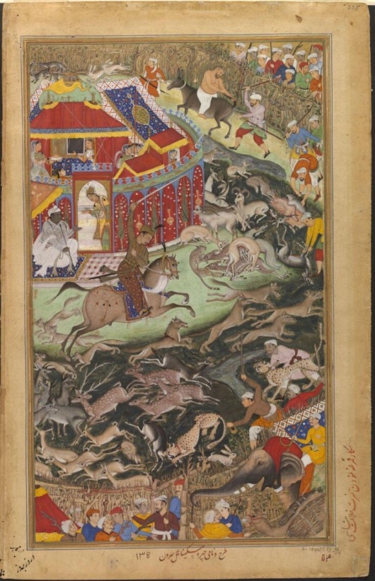 Miskina and Sarwan also collaborated on this painting of Emperor Akbar hunting. Miskina did the composition and the emperors face. But Sarwan did the rest.